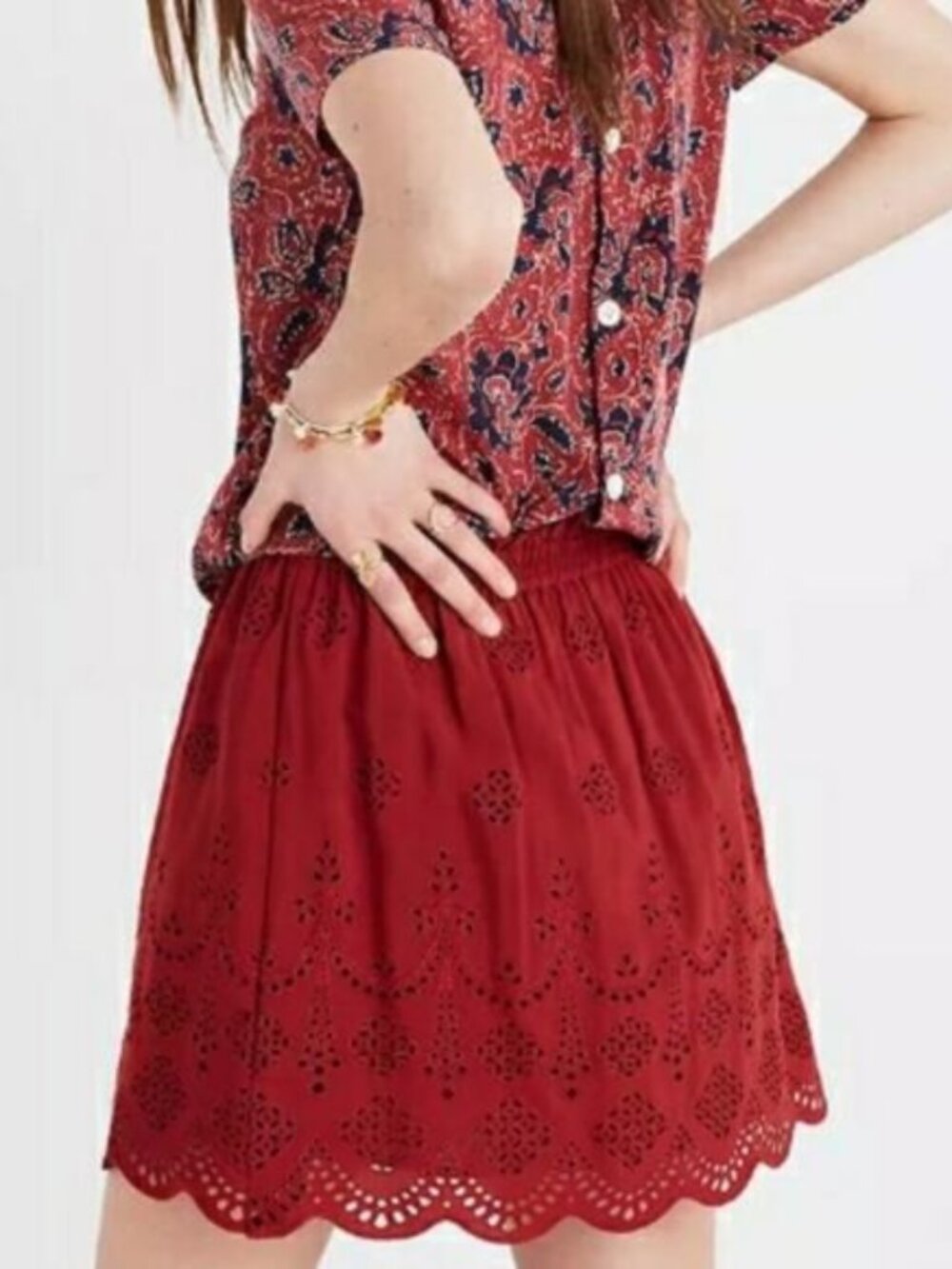 Madewell skirt sz L boho eyelet festival prairie rodeo western cinnamon rust red